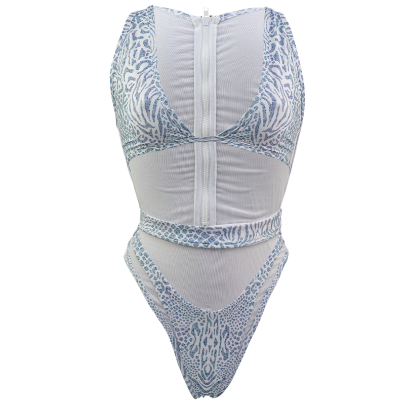 Hayman Island One Piece in Animale Glitterati Reversible, Plunging neckline, High waist cheeky cut bottom, Fully reversible zipper and mesh back detailing