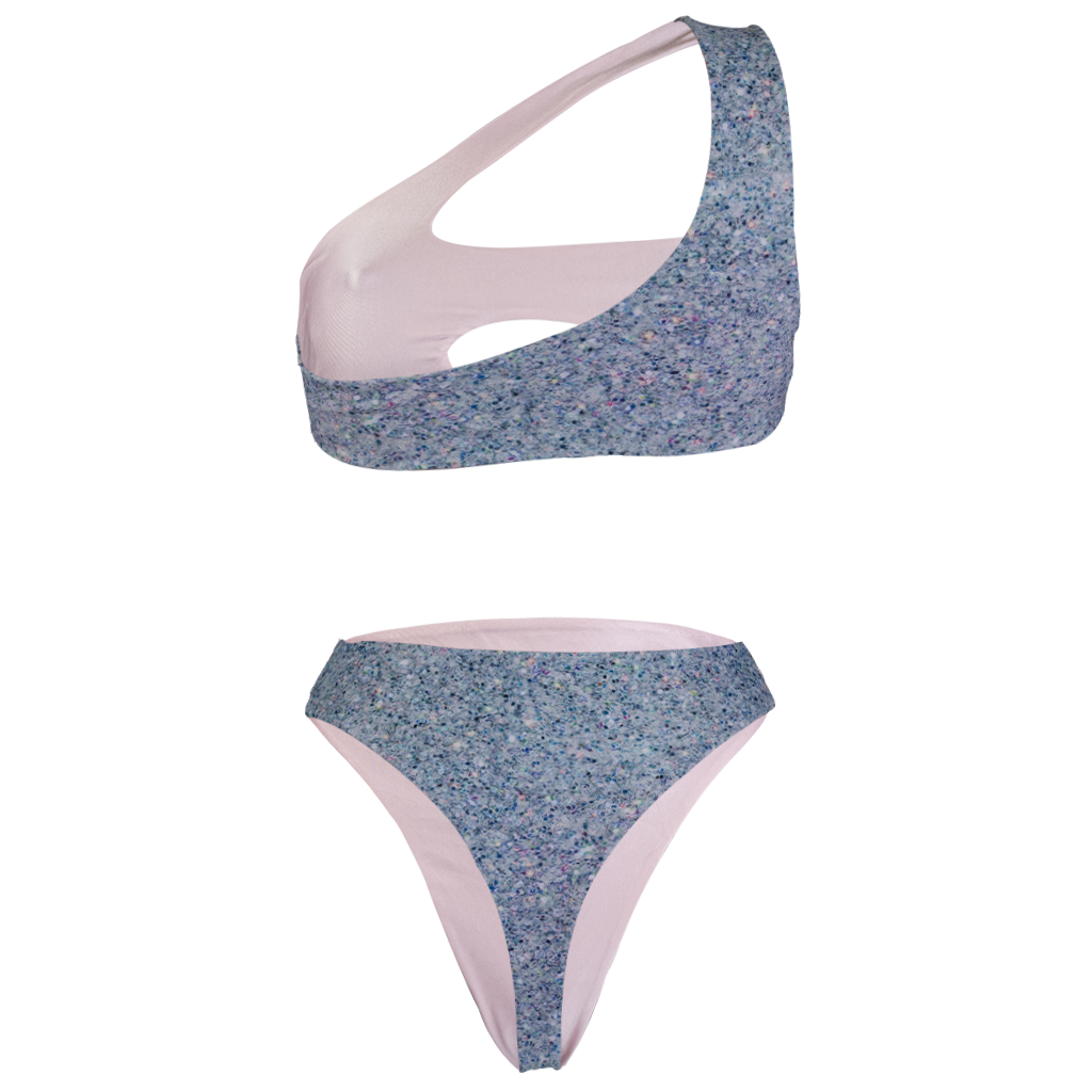 Diamond Bay Bikini in Glitterati Reversible-Angled Cut out Design One Shoulder Top Center Cut out design- High waist cheeky thong cut bottom