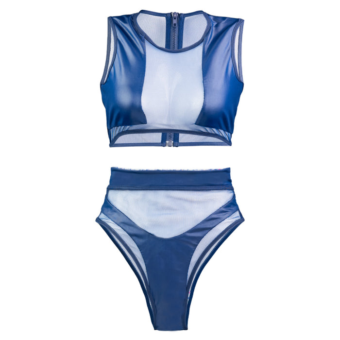 Hamilton Island Bikini in Liquid Navy Reversible, High waisted cheeky cut bottom High waist mesh detailing High neck mesh detailing Back zip crop top 