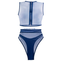 Back side of Hamilton Island Bikini in Liquid Navy Reversible, High waisted cheeky cut bottom High waist mesh detailing High neck mesh detailing Back zip crop top