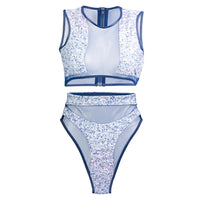 Reversed Hamilton Island Bikini in Liquid Navy Reversible, High waisted cheeky cut bottom High waist mesh detailing High neck mesh detailing Back zip crop top