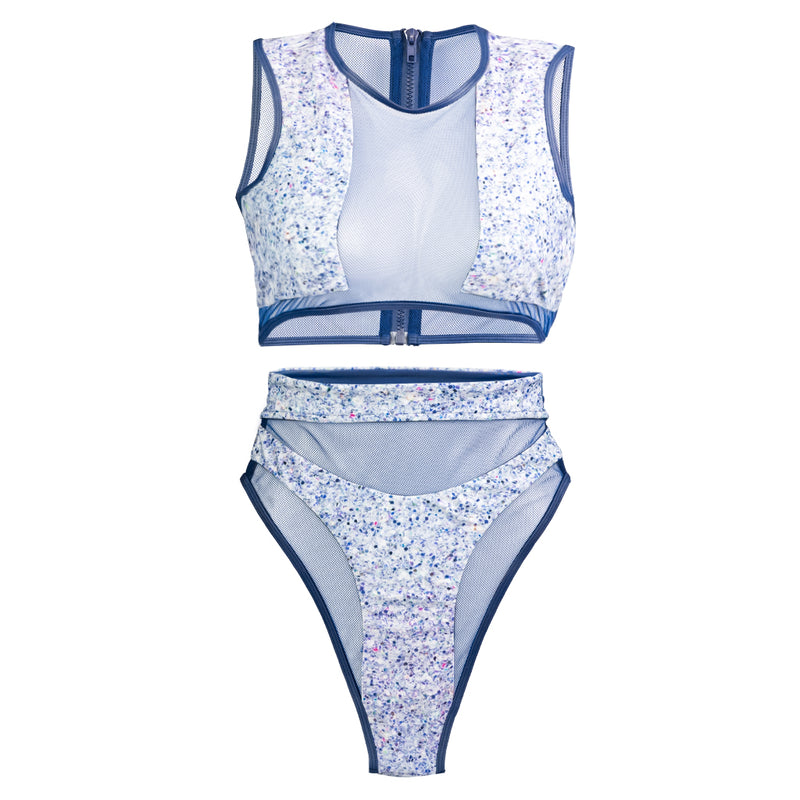 Reversed Hamilton Island Bikini in Liquid Navy Reversible, High waisted cheeky cut bottom High waist mesh detailing High neck mesh detailing Back zip crop top